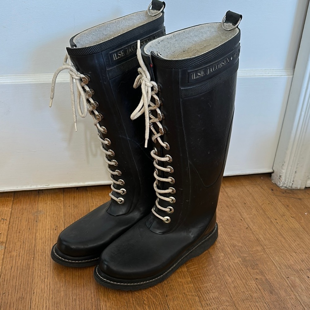 Ilse Jacobsen Long Black Lace-Up Rubber rain Boots size 36/womens 6